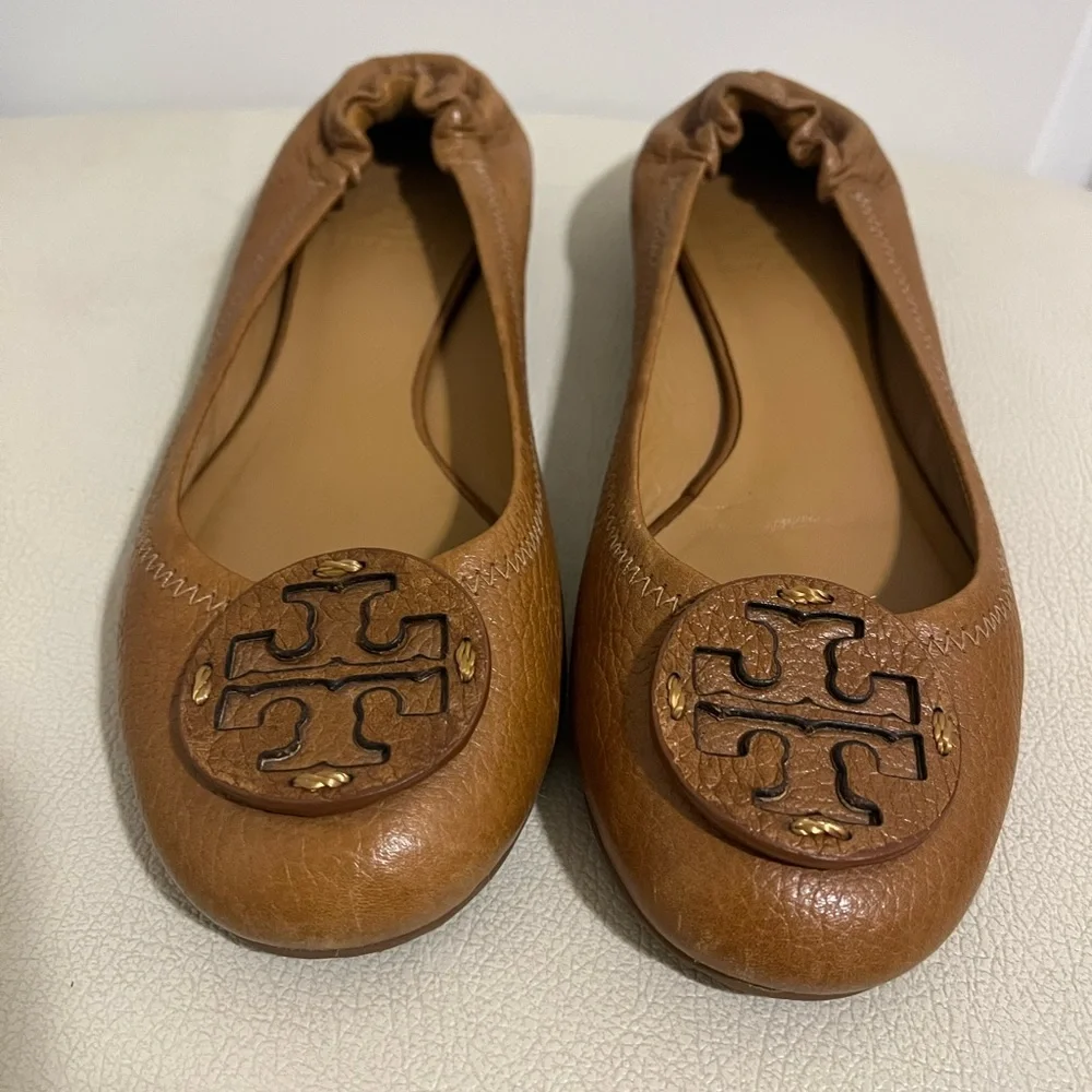 Tory Burch Reva Camel Classic Leather Slip-On Ballet Flats Women’s Size 7.5